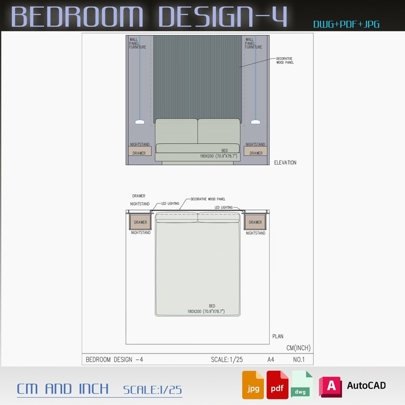 Schlafzimmer-Designprojekt DWG, Schlafzimmer-Architekturzeichnung, Schlafzimmer-CAD, Bettdesign, Wandpaneel-Design, Holzpaneel-Design, Nachttisch-Design Bild 1