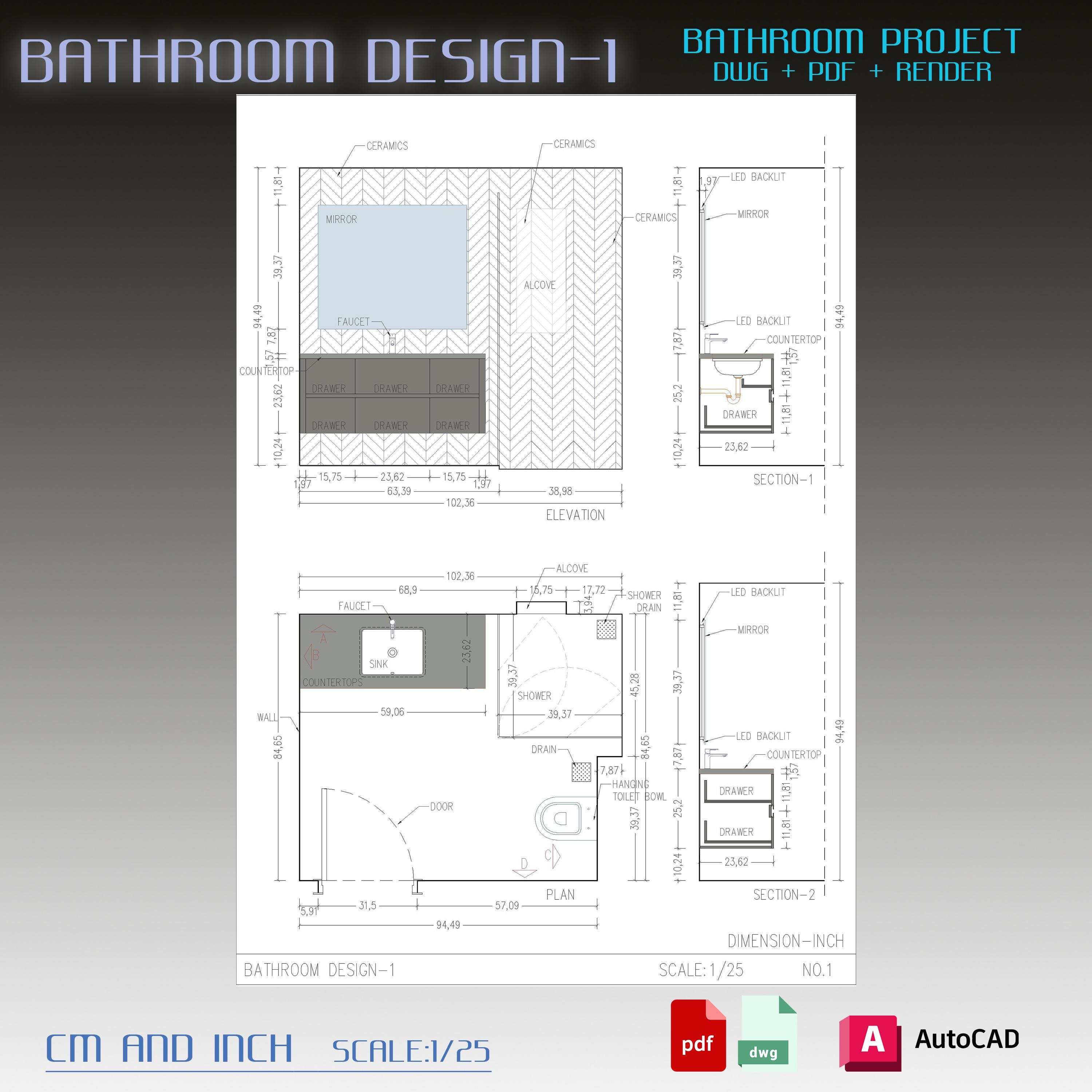 Bathroom Design Project: Architectural CAD Drawing (DWG, PDF) - Etsy