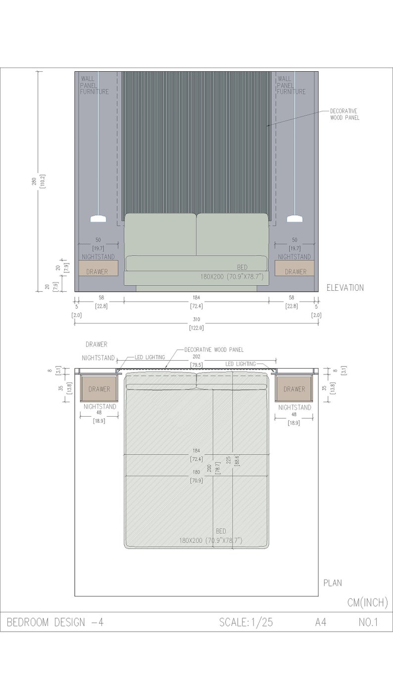 Schlafzimmer-Designprojekt DWG, Schlafzimmer-Architekturzeichnung, Schlafzimmer-CAD, Bettdesign, Wandpaneel-Design, Holzpaneel-Design, Nachttisch-Design Bild 2