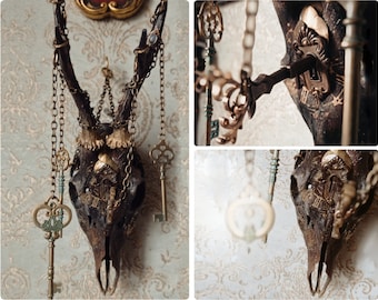 Real Roe Deer Skull Unique hand painted, Keys, Key-Kepper, time patterns for gothic alternative home decor