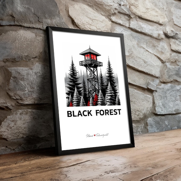 Schwarzwald Poster mit Holzrahmen, BLACK FOREST Deko Bild mit Motiv 27 "Holzturm im Schwarzwald", DIN A4