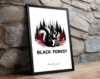 Schwarzwald Poster mit Holzrahmen, BLACK FOREST Deko Bild mit Motiv 11 "Eichhörnchen", DIN A4