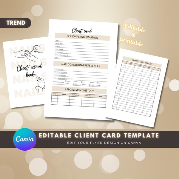 EDITABLE Client Record Book Template, Nail Salon Printable Client Card, Canva Editable Client Card Template, Nail Client Information Form