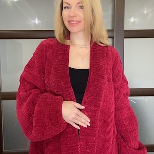 Cardigan plus size de pelúcia – Casaco de malha tricotado à mão – Fio macio e aveludado – Adequado para maternidade – Malha grossa e aconchegante – Tamanho único