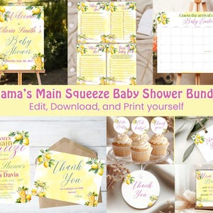 Paquete de baby shower Mama's Main Squeeze, paquete de invitaciones para baby shower con limón, libros para calendario de fechas de parto, invitación para fiesta de té de baby shower