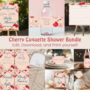 Lot de cerises coquettes et noeuds baby shower Lot d'invitations pour baby shower, livres pour bébé, calendrier date d'échéance, calendrier de baby shower