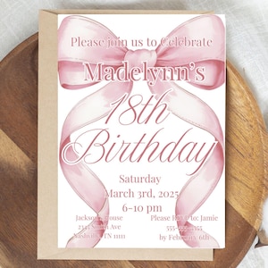 18th Birthday Invitation Girl Pink Bow 18th Birthday Girl Teen Birthday Eighteenth Birthday Invite Digital Invitation 18th Birthday Party