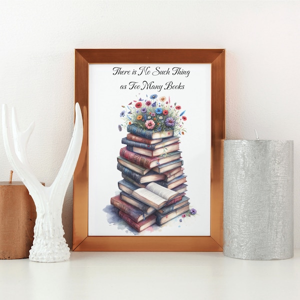 Wall Art Printable Digital Download Vintage Book Floral Watercolor Print Bookish Gift for Book Lover Gift Bookstack Floral Reading Nook Art