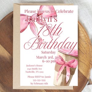 18th Birthday Invitation Girl Coffee Pink Bow 18th Birthday Girl Teen Birthday Eighteenth Birthday Invite Digital Invitation 18th Birthday