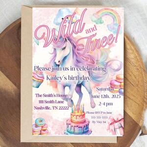 Wild and Three Unicorn Third Birthday Party Invitation 3rd Birthday Unicorn Girl Editable Template Canva Invite Template Mobile Invite