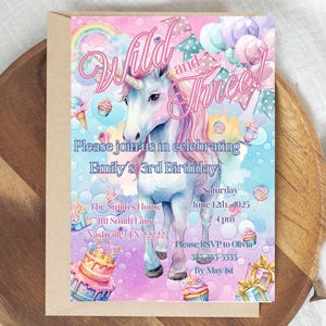 Wild and Three Unicorn Third Birthday Party Invitation 3rd Birthday Unicorn Girl Editable Template Canva Invite Template Mobile Invite
