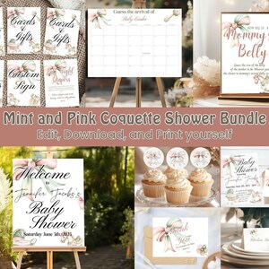 Lot coquette vert menthe et rose avec noeud pour baby shower, lot de faire-part pour baby shower, livres pour bébé, calendrier date d'accouchement, signe de baby shower
