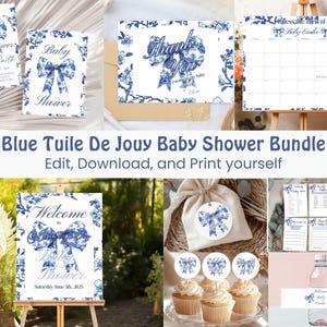 Blue Toile De Jouy Chinoiserie Bow Baby Shower Bundle Dusty Blue Floral Baby Shower Games Blue Baby Shower Invitation Bundle Books for Baby