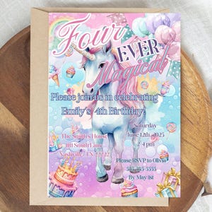 Four Ever Magical Unicorn 4歳の誕生日パーティー招待状 4歳の誕生日ユニコーンガール編集可能テンプレート Canva招待状テンプレート モバイル招待状