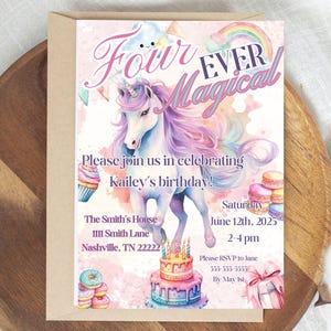 Four Ever Magical Unicorn 4歳の誕生日パーティー招待状 4歳の誕生日ユニコーンガール編集可能テンプレート Canva招待状テンプレート モバイル招待状