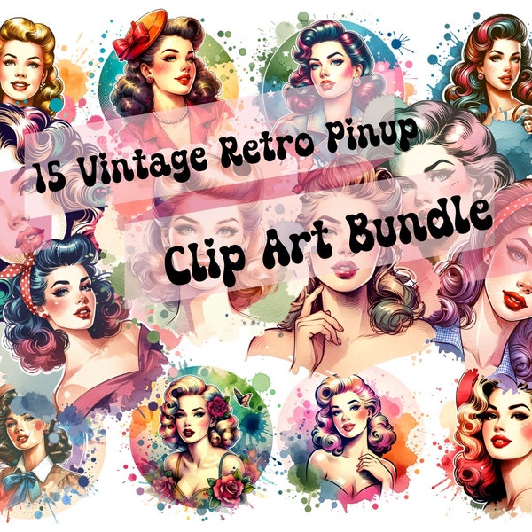 Retro Pinup Clipart Bundle PNG Sublimation Watercolor Clipart Pinup 40s Digital Download PNG  Design Bundle Retro Clipart Pinup Watercolor