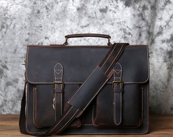 personalized Vintage Full Grain Leather Briefcase bag for men laptop Bag Shoulder Messenger Bag Office Bag Rucksack Gifts for him gift her
