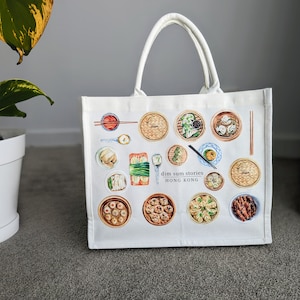 点心プリントキャンバストートバッグ ポーチ付き 広東料理文化 食料品バッグ ショッピングバッグ 誕生日プレゼント 自立型 環境に優しい