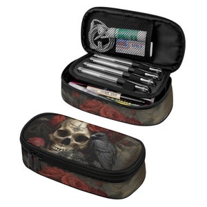 3-Layer/Simple Pencil Case Skull Crow. Makeup organizer, goth bag, gift box, horror gothic punk.