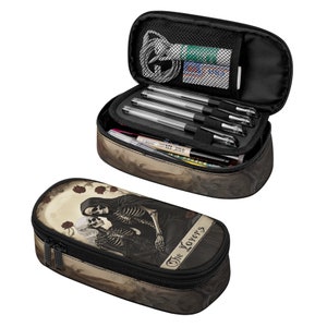Estojo de lápis simples/de 3 camadas com a carta de tarô "Os Amantes". Organizador de maquiagem, bolsa gótica, caixa de presente, estilo gótico punk de terror.