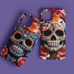 Sugar Skulls phone Tough cases for iPhone and Samsung. Fits various models. Durable case, compatible with wireless charging.