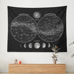 Carte astrale, tapisserie lunaire céleste, tenture murale phase de lune, décoration d'intérieur art noir et blanc, tapisserie d'art mural