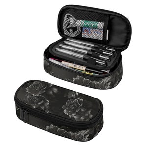 Astuccio portapenne semplice a 3 strati con fiori neri. Organizer per il trucco, borsa gotica, scatola regalo, punk gotico horror.