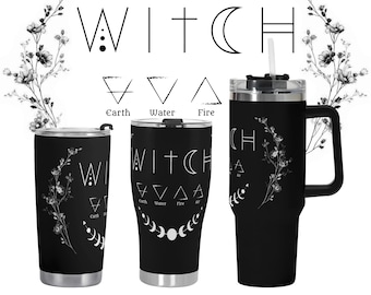 Witch Tumbler, Moon Phases Travel Mug, Wiccan Cup, Spiritual Gift, Insulated Coffee Tumbler
