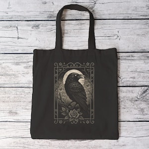 Gothic Raven Tote Bag 15&quot; x 16&quot;| Black and White Crow Art Canvas Bag | Witchy Aesthetic Floral Tote | Occult Moon Nature Gift