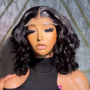 Curly Bob Wig: Black Wavy  Hair Blend wig, 5x5 Lace Closure
