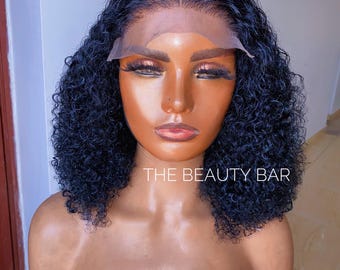 4A Jerry Curly Human Hair Bob Wig, Lace Closure, Natural Black, 12 Inch
