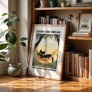 Living the Dream, Funny Cat Relaxation Print, Hammock Cat Art, Lazy Day Decor, Cat Lover Gift, Cozy Art for Cat Lovers