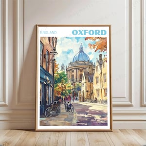 Affiche de voyage Oxford, impression d'illustration d'Oxford dessinée à la main, art du paysage urbain de l'Angleterre, art mural de la ville universitaire, décoration de voyage vintage