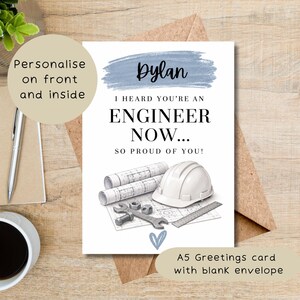 May include: A white greeting card featuring a blue brushstroke with the name Dylan, the text I HEARD YOU'RE AN ENGINEER NOW... SO PROUD OF YOU!, and illustrations of rolled blueprints, a white hard hat, a wrench, nuts, and a ruler.