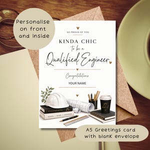 May include: A white greeting card featuring the text SO PROUD OF YOU, KINDA CHIC to be a Qualified Engineer, Congratulations, and YOUR NAME. The design includes a white hard hat, rolled blueprints, books, a pen, a ruler, and a coffee cup.