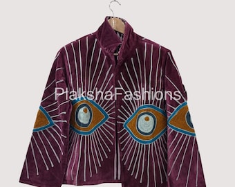 Handmade Velvet Short Jacket with Eye Embroidery – Boho Statement Outerwear, Festival Jacket, Artistic Unisex Fashion | Gift For Wife