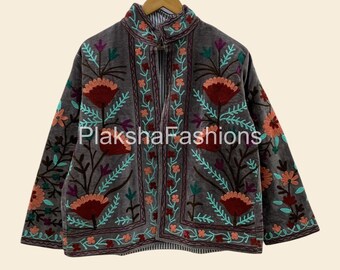 Grey Velvet Suzani Embroidered Short Jacket – Festival Jacket |Vintage-Inspired Uzbek Coat |Statement Velvet Jacket for Women | Gift For Her