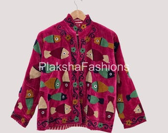 Velvet Embroidered Suzani Jacket – Handmade Fish Motif Boho Coat, Colorful Artisan Velvet Jacket, Unique Folk Art Outerwear | Gift For Her