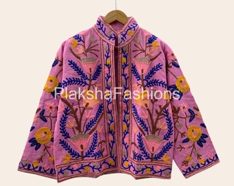 Pink Bohemian Cotton Suzani Embroidered Short Jacket | Handmade Uzbek Spring Coat | Ethnic Jacket | Winter Warm Outerwear | Gift For Her