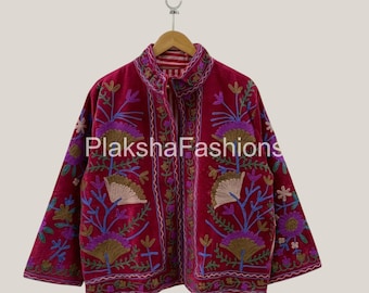 Chaqueta corta de terciopelo con bordado suzani, chaqueta étnica de terciopelo, chaqueta suzani floral, chaqueta bomber, abrigo bohemio e hippie, regalo para ella