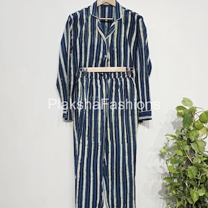 Strips Print Cotton Long Shirt & Pajama Set | Two-Piece Set Nightwear | Women&#39;s Pajama set |Summer Loungewear, Loose Pant| Bridal Wear Set