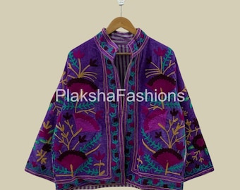Chaqueta corta de terciopelo con bordado suzani, chaqueta étnica de terciopelo, chaqueta suzani floral, chaqueta bomber, abrigo bohemio e hippie, regalo para ella