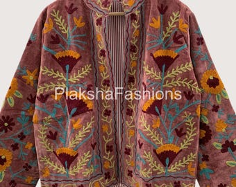 Indian Suzani Embroidery Jacket Floral Coat, Winter Suzani Jacket, Velvet Kimono Coat, Suzani Coat, Outerwear, Travel Jacket, Gift For Her
