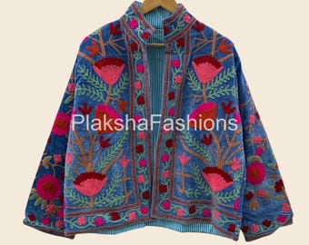 Floral Velvet Suzani Jacket Embroidered Coat, Vintage Coat, Handmade Festival Jacket, Bomber Suzani Outerwear, Gift For Her, Ethnic Jacket