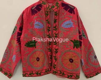 Handmade Cotton Suzani Jacket Boho Chic Ethnic Coat Bomber Jacket Women's Wear Jacket Gift For Her Hand Embroidery Bohemian  Suzani Jacket