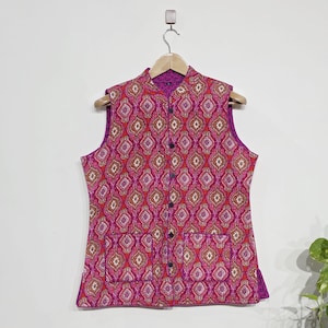 Chaleco sin mangas de algodón con cuello rojo, chaleco reversible con bordado, chaqueta corta, chaqueta bohemia, abrigo con bordado, regalo de boda, chaleco acolchado