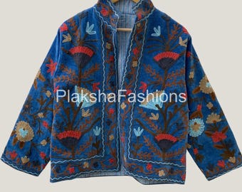 Handmade Uzbek Spring Coat | Vintage Ethnic Jacket | Bohemian Winter Outerwear | Gift For Her Velvet Suzani Embroidered Short Jacket |