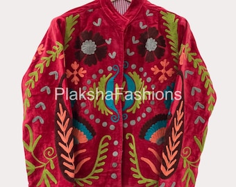 Velvet Suzani Short Jacket – Boho Embroidered Festival Coat, Handmade Tribal Velvet Jacket | Bohemian Suzani Velvet Jacket | Gift For Wife