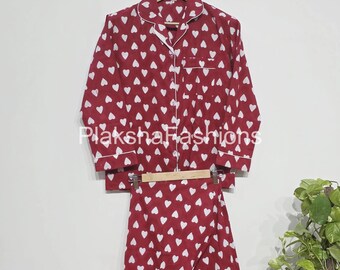 Heart Print Cotton Pajamas Set, Summer Night Dress, Bridesmaid pj set, Bohemian Bride Pajama Set, Lightweight Clothing, Everyday Wear Pj set