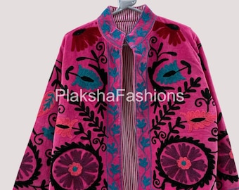 Pink Velvet Suzani Short Embroidered Jacket | Winter Bomber Coat |Vintage-Inspired Bohemian Festival Jacket | Ethnic Outerwear |Gift for her